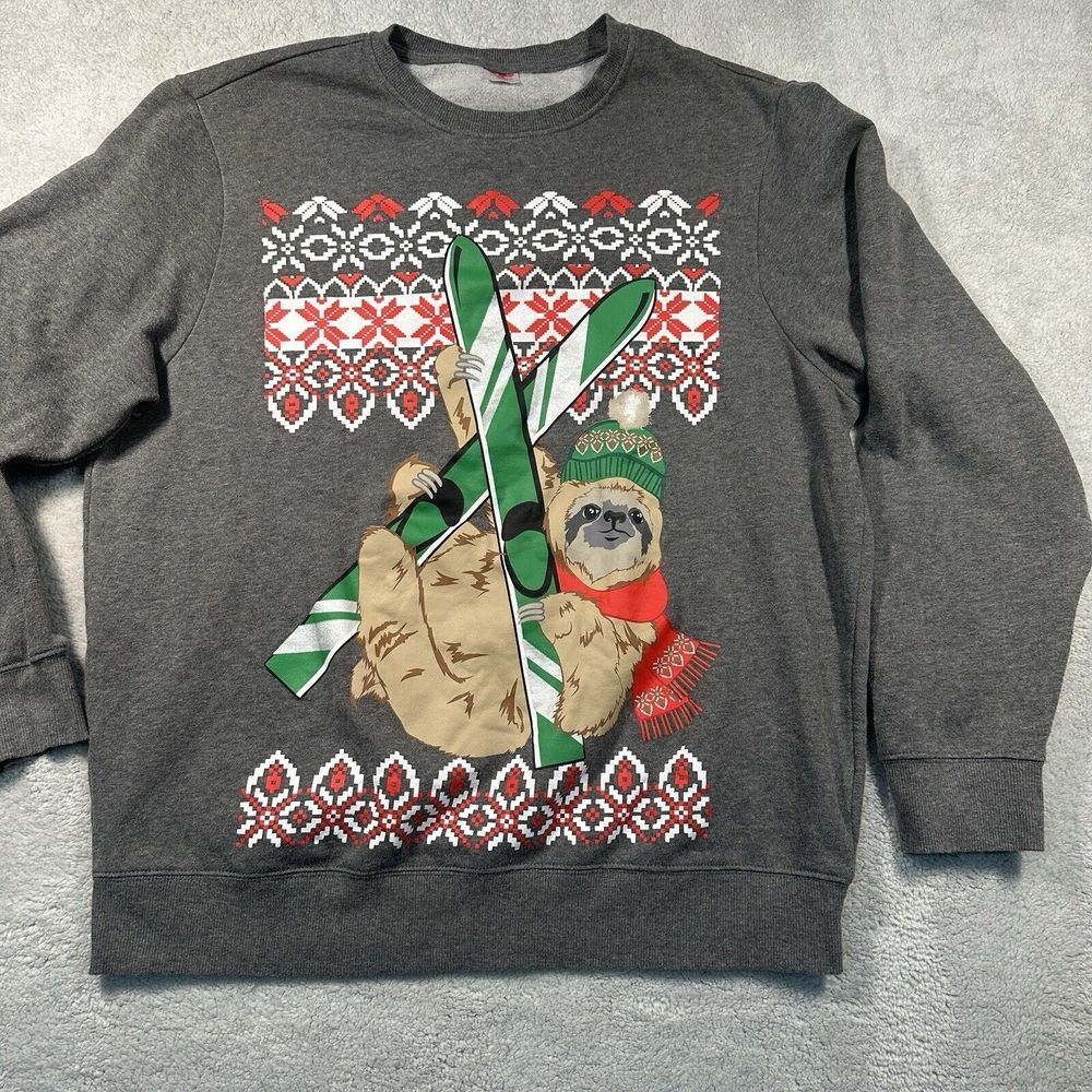 Holiday Time Sloth & Skis‎ Christmas Crewneck Sweatshirt Unisex Large